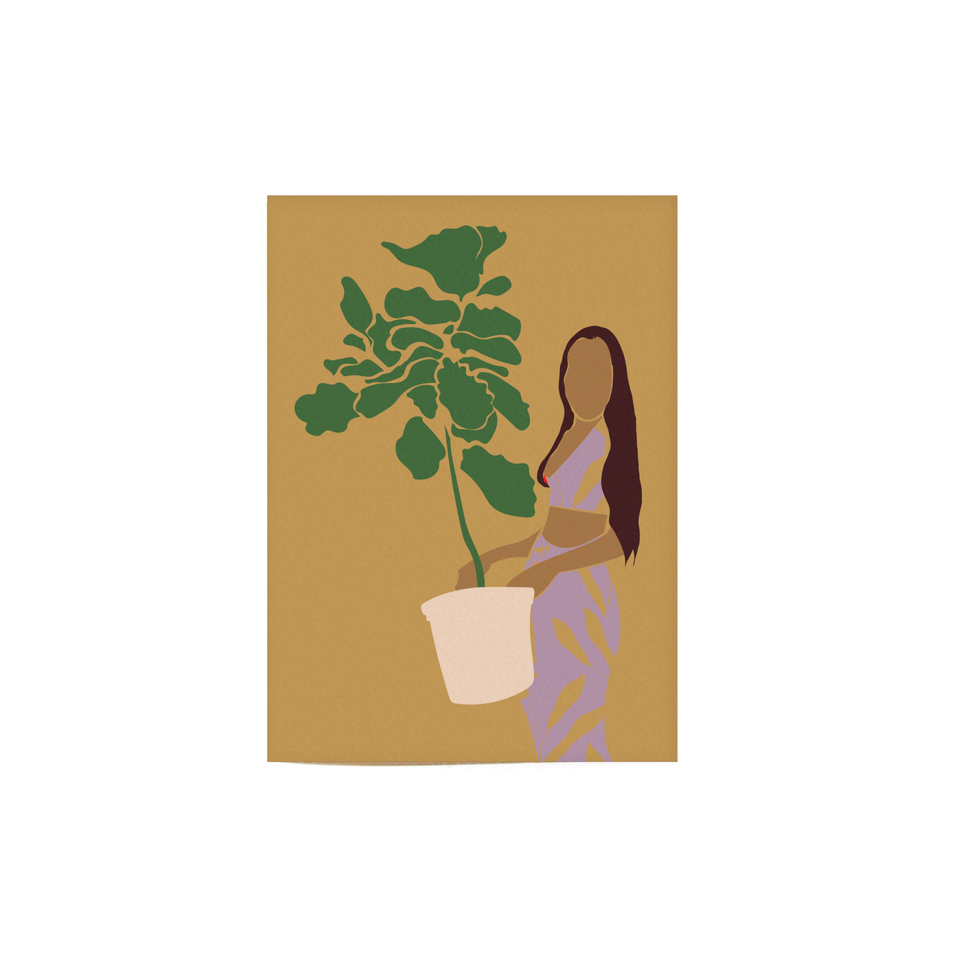 "Plant mom card" that shows a woman holding a plant