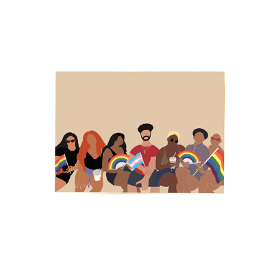 horizontal "Pride 365" card that illustrates 7 people celebrating pride together