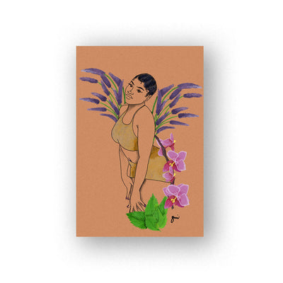 light brown Serenity art print that shows a woman surrounded by a bouquet of lavender, orchids, and lemon bomb to embody relaxation and peace