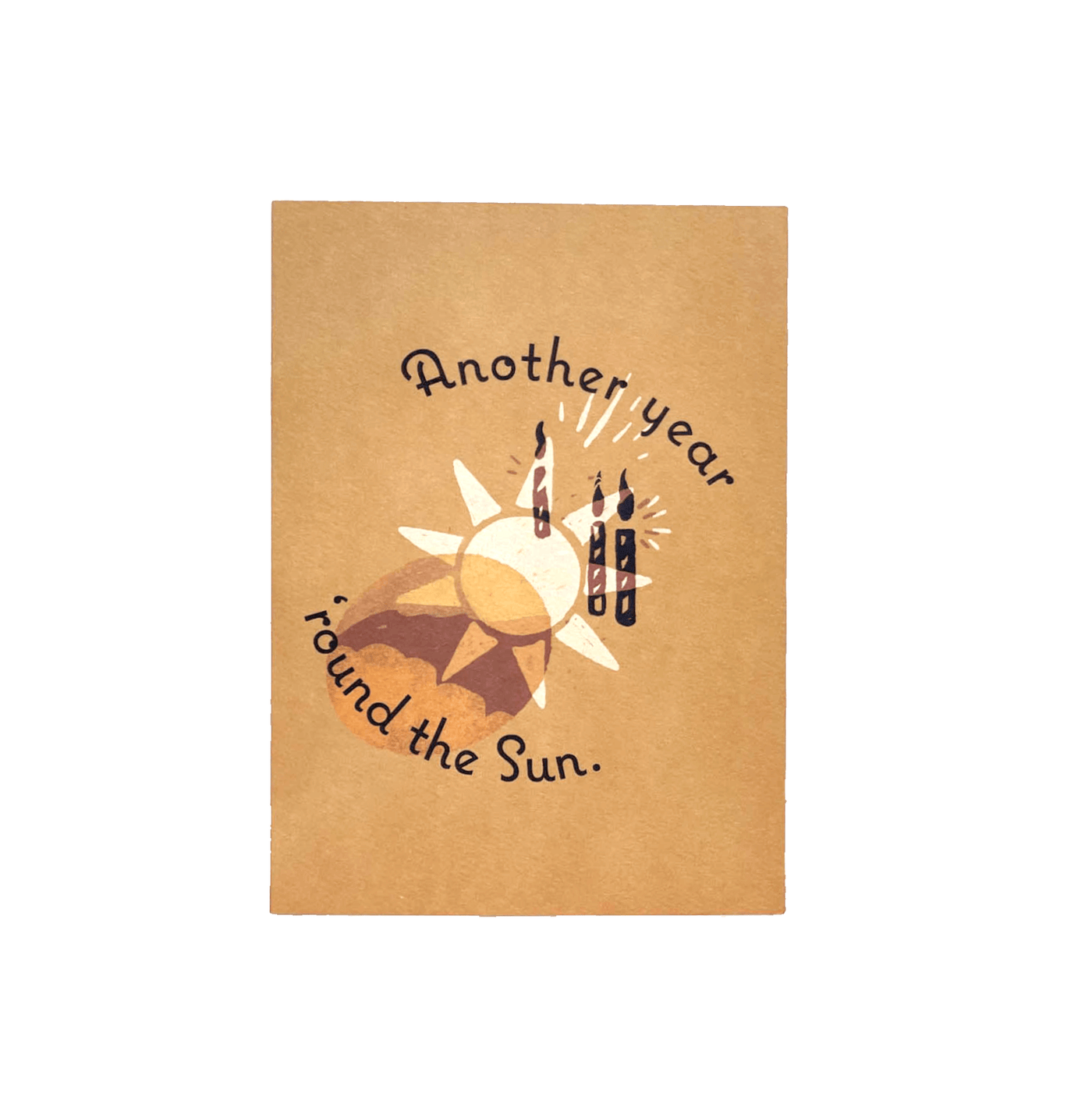 solar return greeting birthday card that reads "another year 'round the sun" with a sun illustration on the cover 
