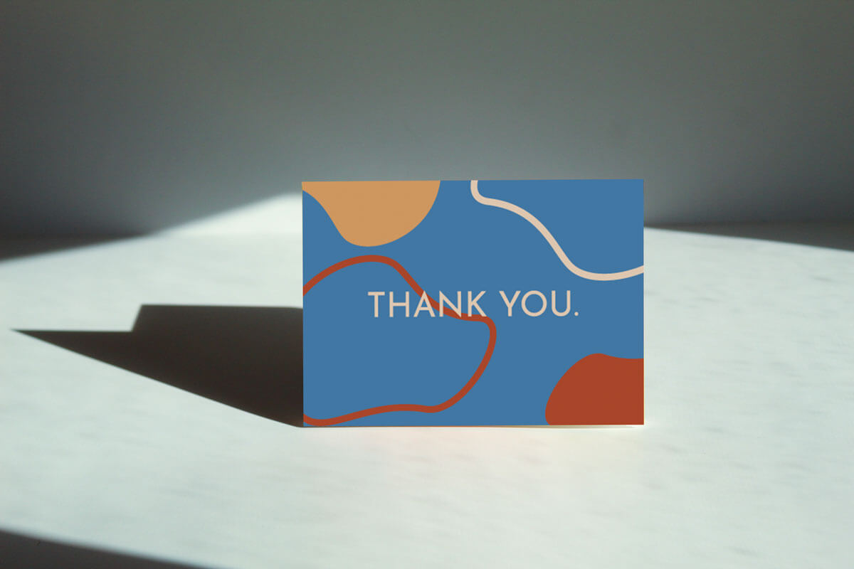  "Retro Thank You Card" with an orange, blue, and yellow abstract illustration that reads "Thank You" in white text and simple font