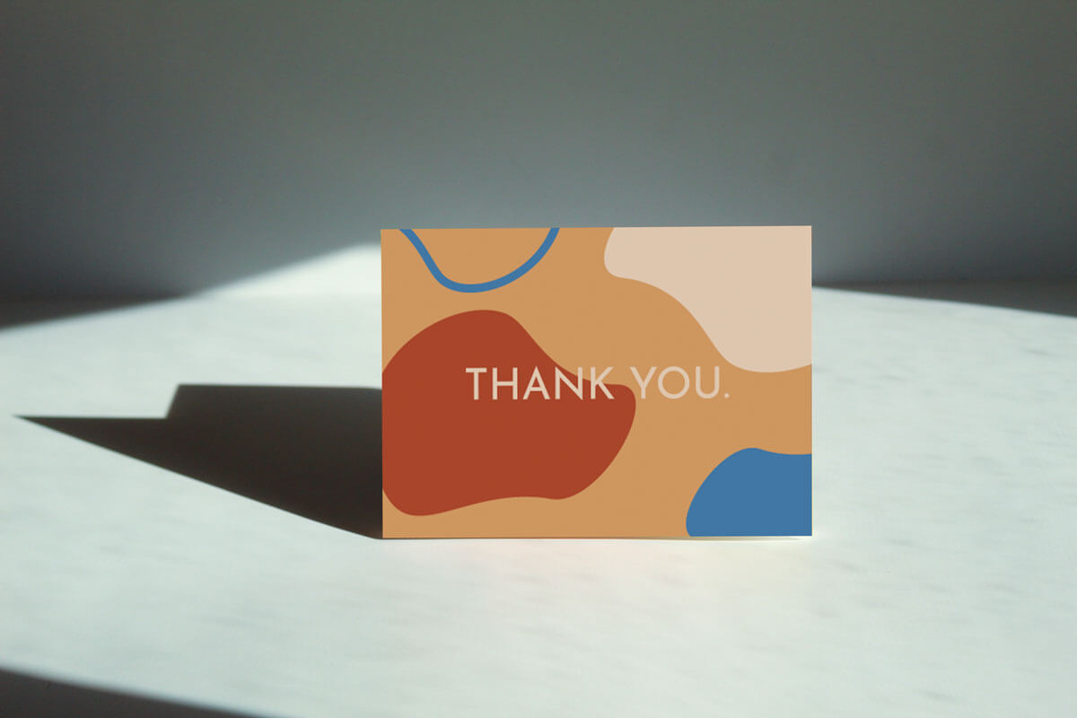 "Retro Thank You Card" with a yellow, orange, white, and blue abstract illustration that reads "Thank You" in white text and simple font